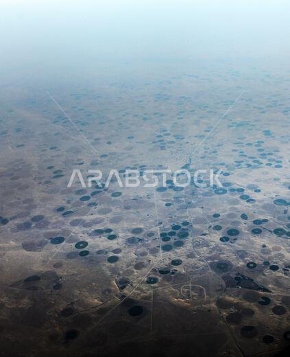 صورة جوية لحقول زراعية دائرية في الصحراء العربية في المملكة العربية السعودية.