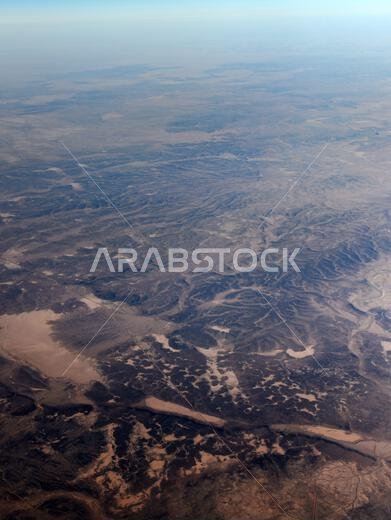 Aerial landscape of the Arabian desert in the Turaif region in Saudi Arabia.