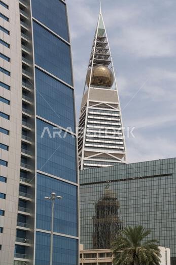 The Al Faisaliyah Tower, a commercial skyscraper and mixed-use complex located in the al-Olaya district of Riyadh, Saudi Arabia.