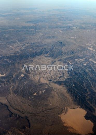 Aerial landscape of the Arabian desert in the Turaif region in Saudi Arabia.