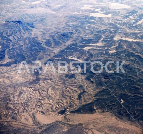 Aerial landscape of the Arabian desert in the Turaif region in Saudi Arabia.