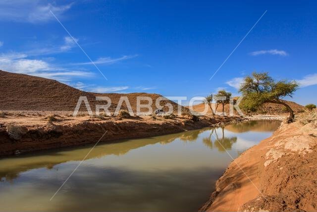 Flooded valley in desert landscape, Saudi Arabia