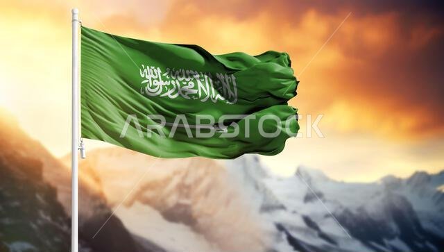 علم المملكة العربية السعودية على سارية علم أمام سماء ملونة