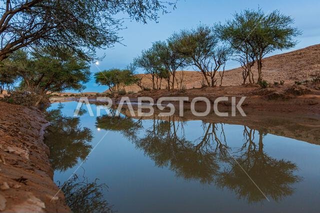 Moon over Flooded valley in desert landscape, Saudi Arabia