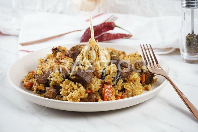 The national Saudi Arabian dish beef kabsa with rice ,western Arabic food , Yemeni food. beef with rice.