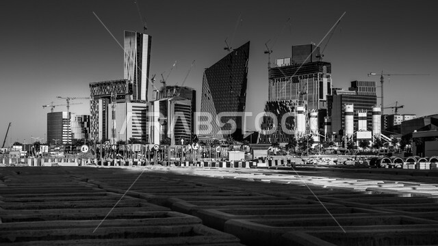 Creative image of King Abdullah Financial District (KAFD) in Riyadh, Saudi Arabia, towers and skyscrapers, famous Riyadh landmarks, architectural art in Saudi Arabia, tourism in Saudi Arabia, black and white picture