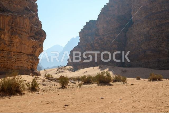 الصحراء العربية. وادي رم. منظر فضائي. آثار أقدام على الرمال. موقع تصوير للعديد من أفلام الخيال العلمي.