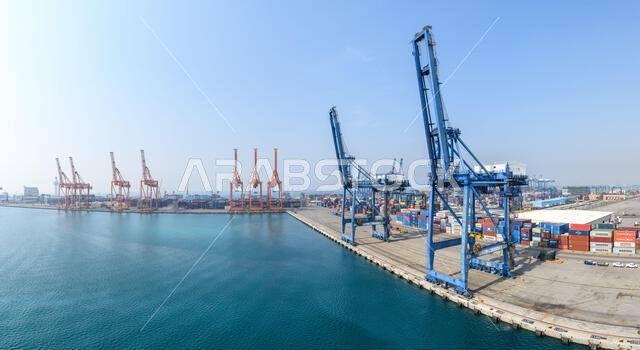 Jeddah, Saudi Arabia - December 21, 2022: Panorama of the cargo port in Jeddah on a sunny day. High resolution.