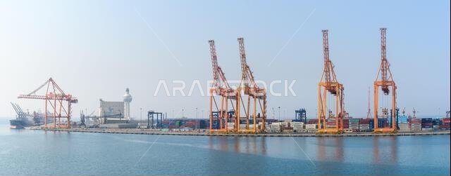 Jeddah, Saudi Arabia - December 21, 2022: Panorama of the cargo port in Jeddah on a sunny day. High resolution.