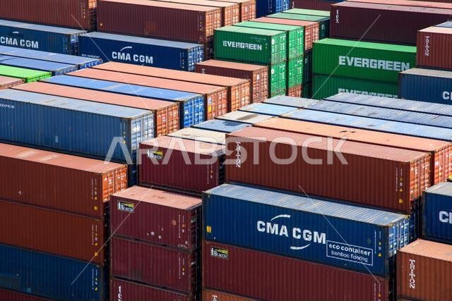 Jeddah, Saudi Arabia - December 21, 2022: Containers ready for loading. View of the cargo port in Jeddah.