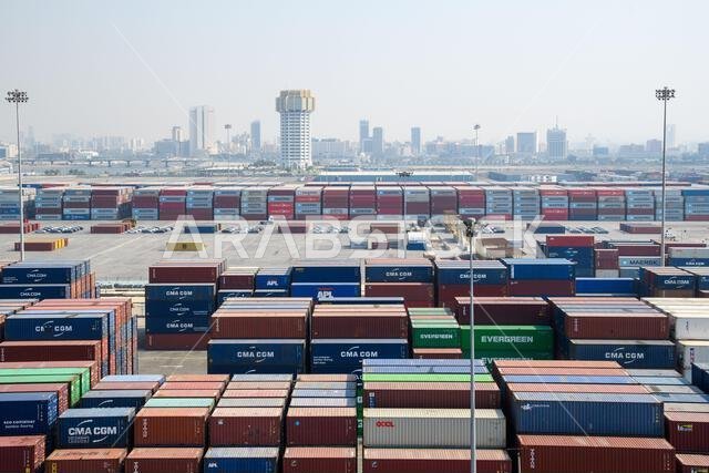 Jeddah, Saudi Arabia - December 21, 2022: Containers ready for loading. View of the cargo port in Jeddah.