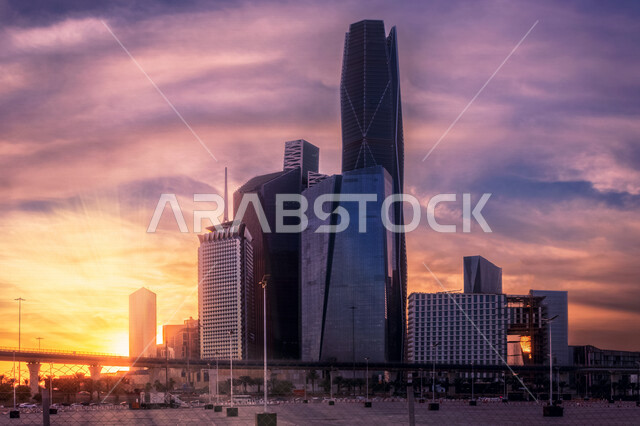 Creative image of King Abdullah Financial District (KAFED) in Riyadh, Saudi Arabia during sunset, towers and skyscrapers, famous Riyadh landmarks, architecture in Saudi Arabia, tourism in Saudi Arabia