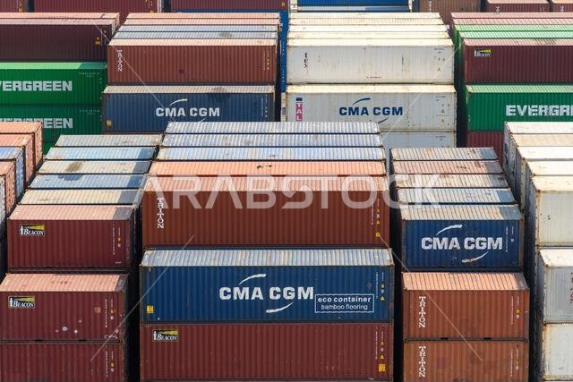 Jeddah, Saudi Arabia - December 21, 2022: Containers ready for loading. View of the cargo port in Jeddah.