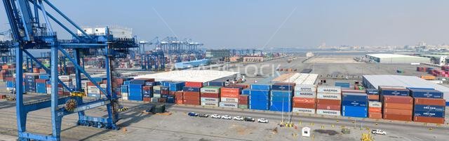 Jeddah, Saudi Arabia - December 21, 2022: Panorama of the cargo port in Jeddah on a sunny day. High resolution.