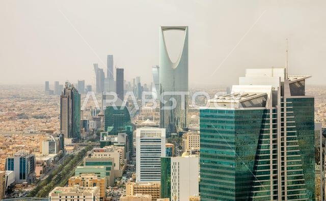 Aerial panorama of downtown of Riyadh city with skyscrapers of Al Olaya central business district, Al Riyadh, Saudi Arabia