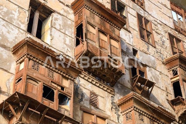 Jeddah, Saudi Arabia - December 21, 2022: Traditional house decoration. The unique architecture of the medieval Arab city. Historic Jeddah.