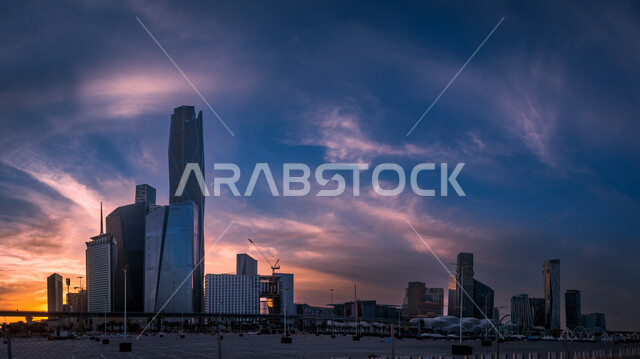 Creative image of King Abdullah Financial District (KAFED) in Riyadh, Saudi Arabia during sunset, towers and skyscrapers, famous Riyadh landmarks, architecture in Saudi Arabia, tourism in Saudi Arabia