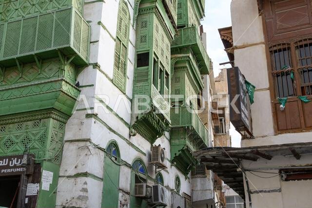 Jeddah, Saudi Arabia - December 21, 2022: Traditional house decoration. The unique architecture of the medieval Arab city. Historic Jeddah.
