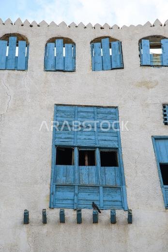 Jeddah, Saudi Arabia - December 21, 2022: Traditional house decoration. The unique architecture of the medieval Arab city. Historic Jeddah. Jeddah, Saudi Arabia - December 21, 2022: Traditional house decoration. The unique architecture of the medieval Arab city. Historic Jeddah.