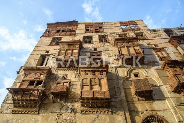 Jeddah, Saudi Arabia - December 21, 2022: Traditional house decoration. The unique architecture of the medieval Arab city. Historic Jeddah.