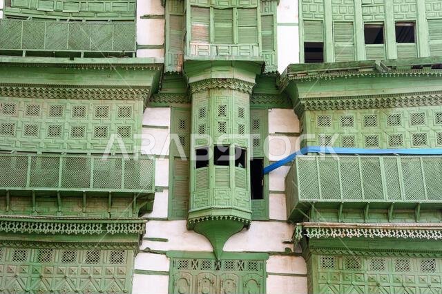Jeddah, Saudi Arabia - December 21, 2022: Traditional house decoration. The unique architecture of the medieval Arab city. Historic Jeddah.