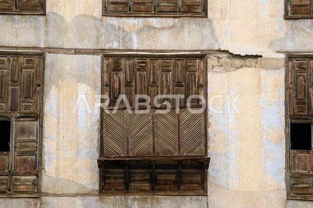 Jeddah, Saudi Arabia - December 21, 2022: Traditional house decoration. The unique architecture of the medieval Arab city. Historic Jeddah.