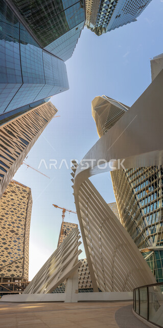 Creative image in a lower corner of the King Abdullah Financial District (KAFD) in Riyadh, Saudi Arabia, towers and skyscrapers, famous Riyadh landmarks, architecture in Saudi Arabia, tourism in Saudi Arabia