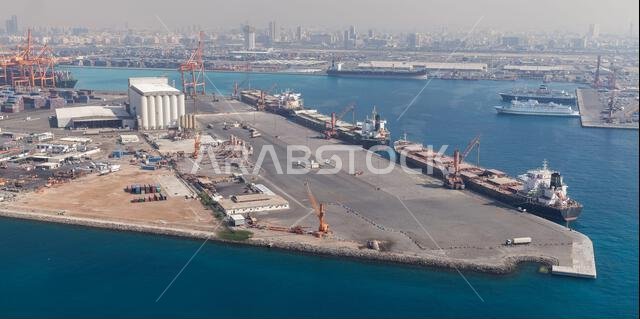 Jeddah Islamic Seaport on a sunny day, aerial photo