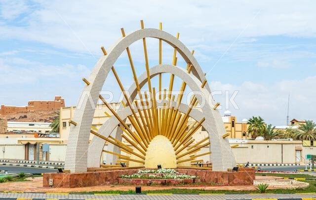 نصب الشمس التذكاري وخلفه قلعة العارفين العربية على التل، حائل، المملكة العربية السعودية نصب الشمس التذكاري وخلفه قلعة العارفين العربية على التل، حائل، المملكة العربية السعودية