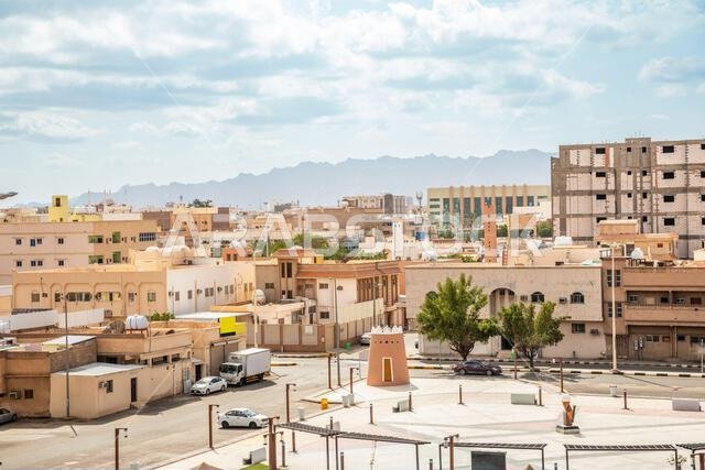 Streets of Hail city with arabian Aarif fortress tower, Saudi Arabia