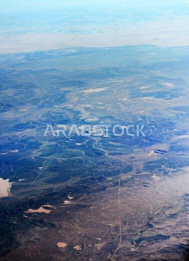 Aerial landscape of the Arabian desert in the Turaif region in Saudi Arabia.