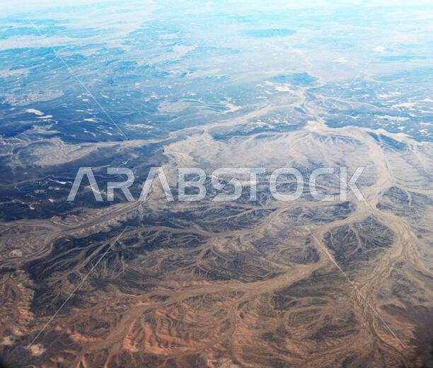 Aerial landscape of the Arabian desert in the Turaif region in Saudi Arabia.
