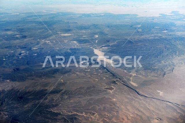 Aerial landscape of the Arabian desert in the Turaif region in Saudi Arabia.