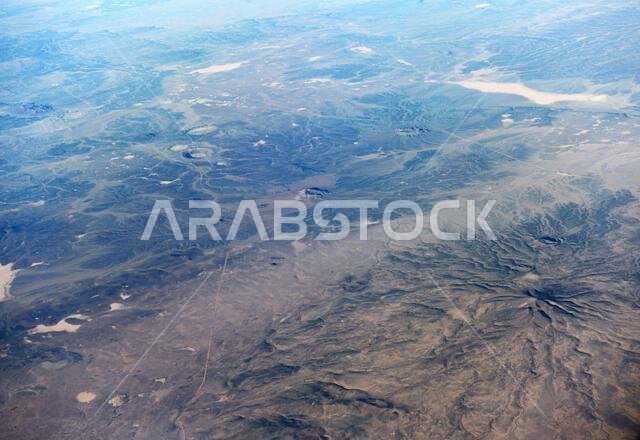 Aerial landscape of the Arabian desert in the Turaif region in Saudi Arabia.