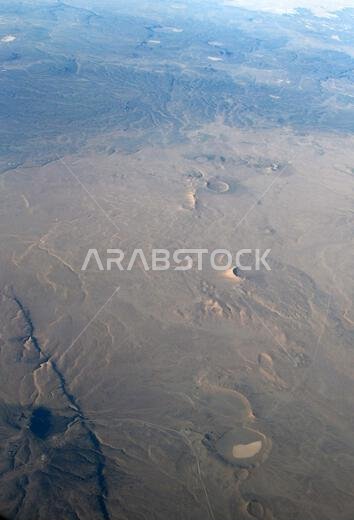 Aerial landscape of the Arabian desert in the Turaif region in Saudi Arabia.
