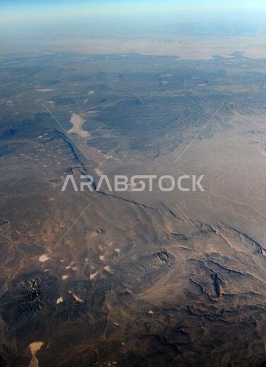 Aerial landscape of the Arabian desert in the Turaif region in Saudi Arabia.