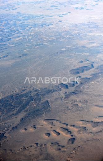Aerial landscape of the Arabian desert in the Turaif region in Saudi Arabia.