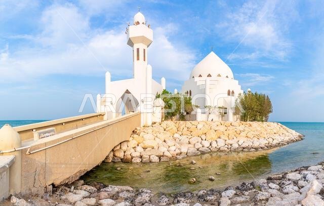 White Salem Bin Laden Mosque built on the island with sea in the background, Al Khobar, Saudi Arabia