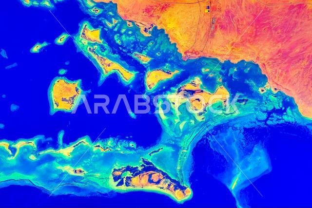 The northwest coastline of Saudi Arabia in the Arabian Peninsula. In turquoise colors, shallow lagoons where coral reefs grow. Digital enhancement of