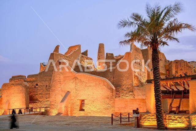Evening view of At-Turaif World Heritage Site, Bujairi Terrace, Diriyah, Riyadh, Saudi Arabia