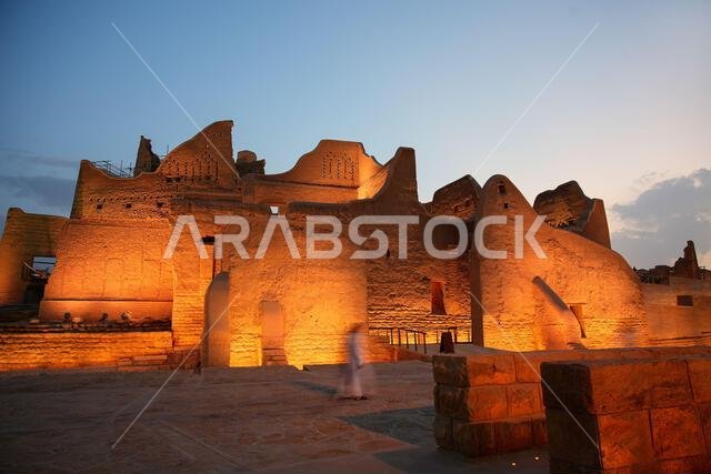 Evening view of At-Turaif World Heritage Site, Bujairi Terrace, Diriyah, Riyadh, Saudi Arabia