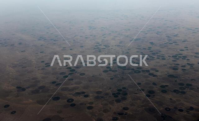 صورة جوية لحقول زراعية دائرية في الصحراء العربية في المملكة العربية السعودية.