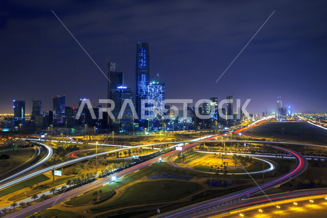A view from the top of the city of Riyadh, towers and skyscrapers at night, architectural art, famous tourist attractions in Riyadh in the Kingdom of Saudi Arabia