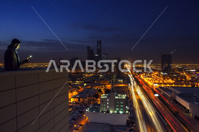 A view from the top of the city of Riyadh, towers and skyscrapers at night, architectural art, famous tourist attractions in Riyadh in the Kingdom of Saudi Arabia