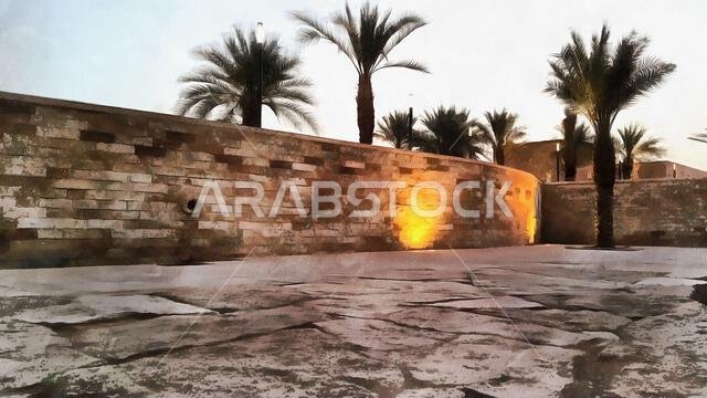 An Illustration of a corner of Traditional Saudi city in Riyadh, Aldereyah.