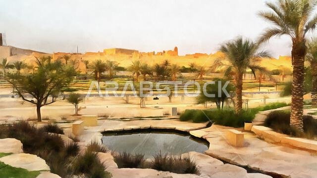 An Illustration of traditional arabian city, in Saudi arabia, Aldereya area in Riyadh city.