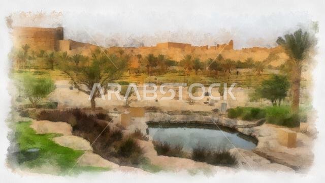 رسم توضيحي لمدينة عربية تقليدية في المملكة العربية السعودية، منطقة الدرعية في مدينة الرياض.