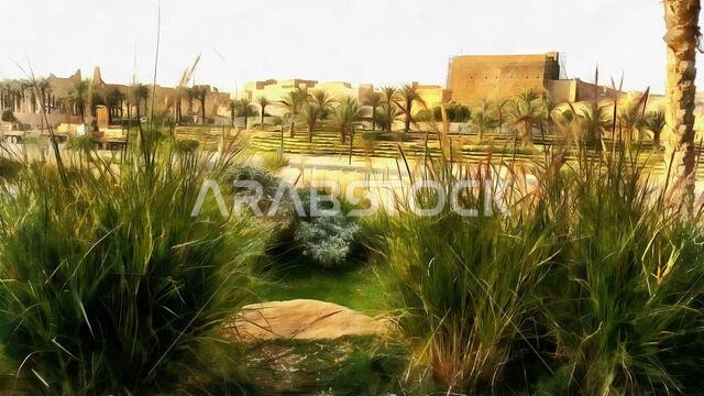رسم توضيحي لمدينة عربية تقليدية في المملكة العربية السعودية، منطقة الدرعية في مدينة الرياض. رسم توضيحي لمدينة عربية تقليدية في المملكة العربية السعودية، منطقة الدرعية في مدينة الرياض.