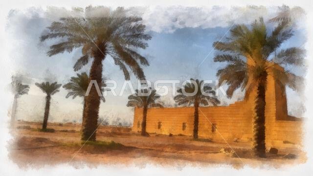 رسم توضيحي لقصر تقليدي في منطقة الخليج العربي من الخارج، مع وجود العديد من أشجار النخيل حوله. رسم توضيحي لقصر تقليدي في منطقة الخليج العربي من الخارج، مع وجود العديد من أشجار النخيل حوله.