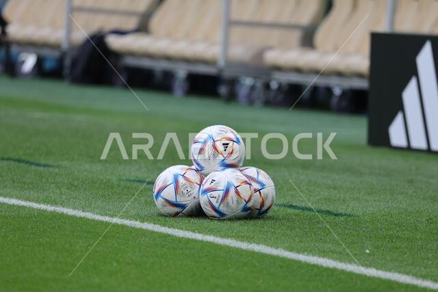Lusail, Qatar, 22, November, 2022. Adidas Al Rihla balls during the match between Argentina National Team vs. Saudi Arabia National Team, Match 8 Fifa Lusail, Qatar, 22, November, 2022. Adidas Al Rihla balls during the match between Argentina National Team vs. Saudi Arabia National Team, Match 8 Fifa